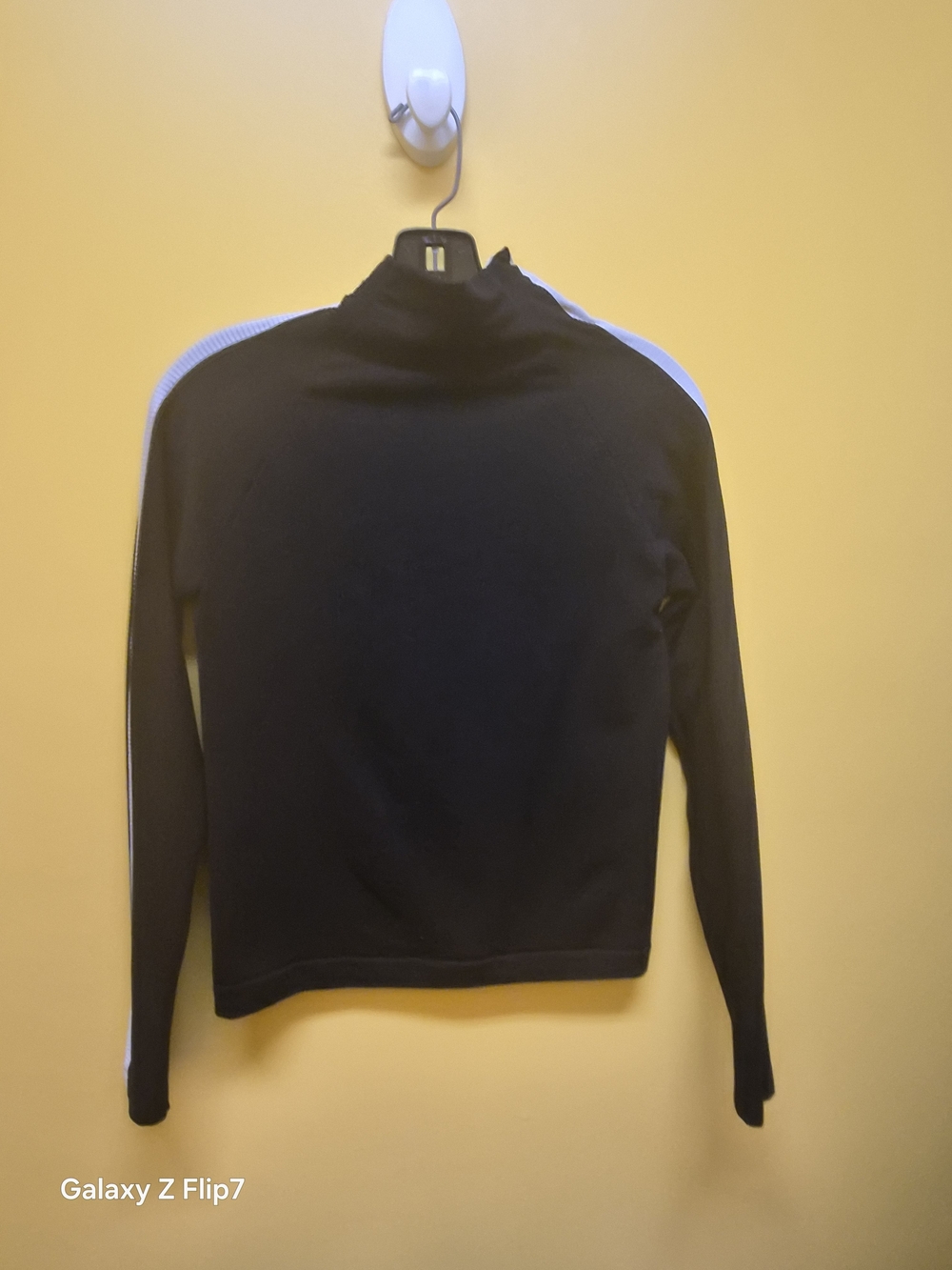 Black Long Sleeve Mock Neck Top with White Shoulder Stripes